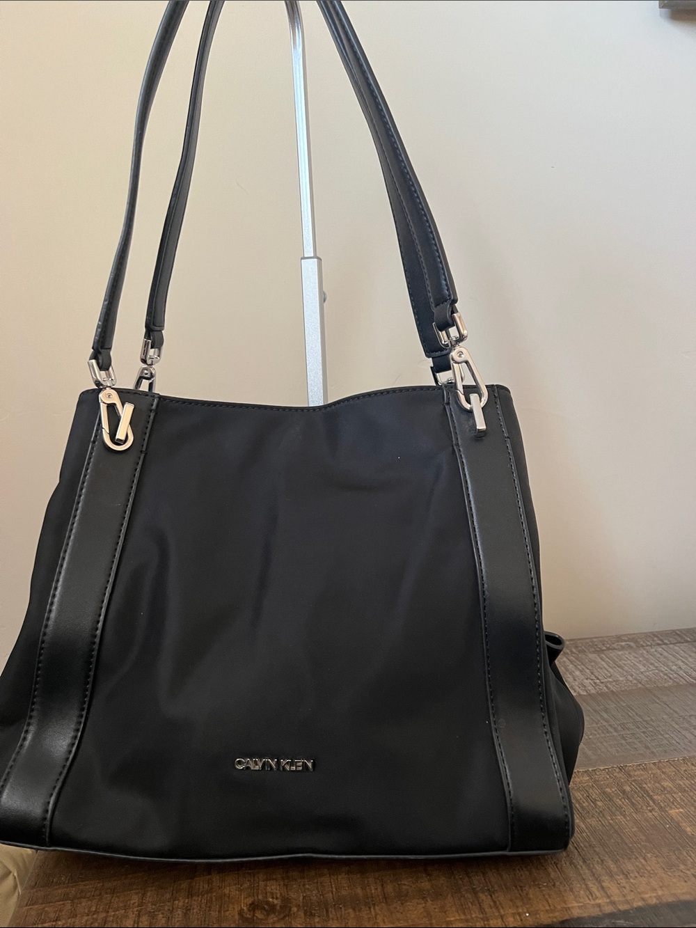 Calvin Klein Black Nylon Shoulder Bag with Leather Trim